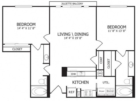 Floor plan for 2 beds, 2 baths, 1022 sqft